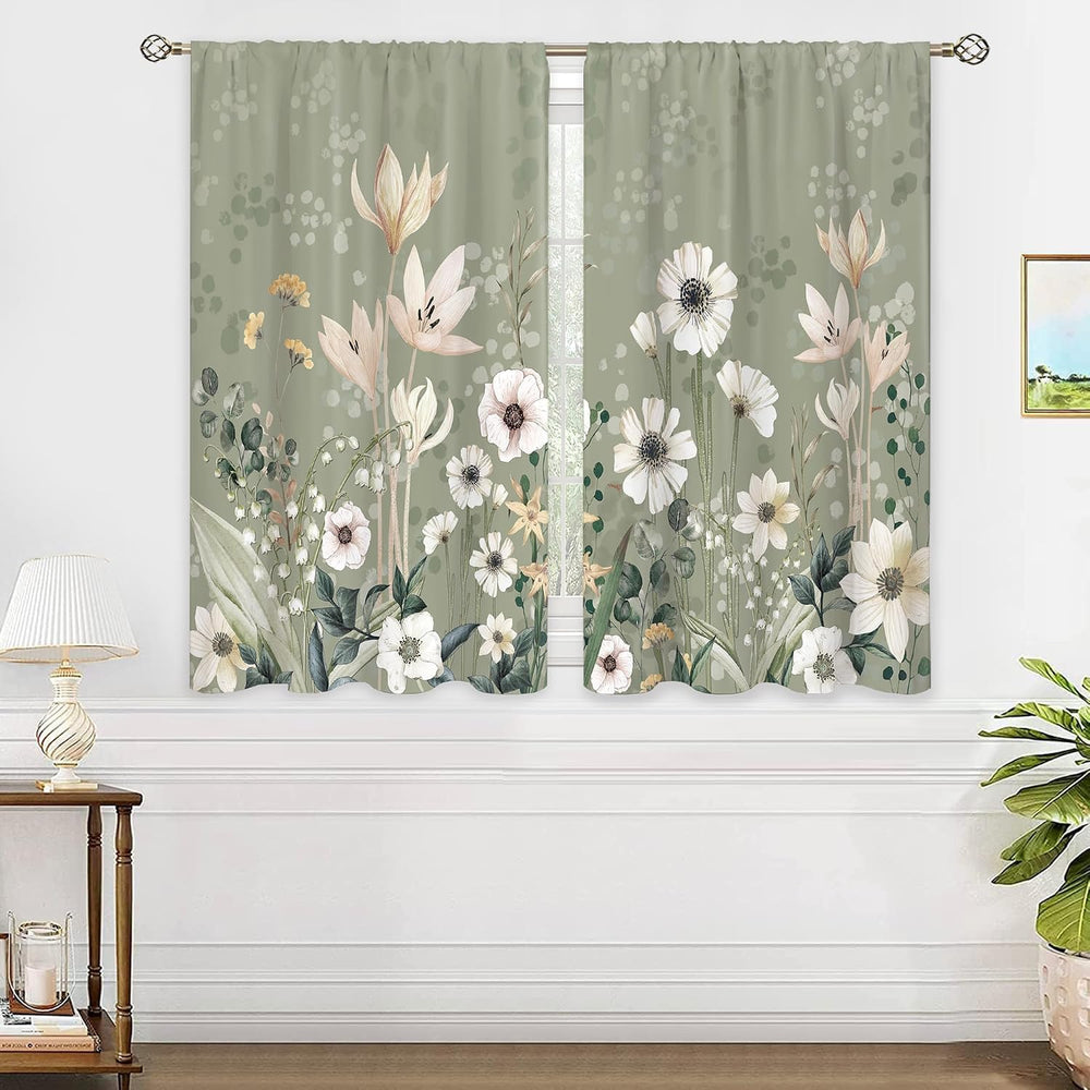 Green Boho Flower Small Kitchen Curtains Flower Plant Window Treatment Botani...