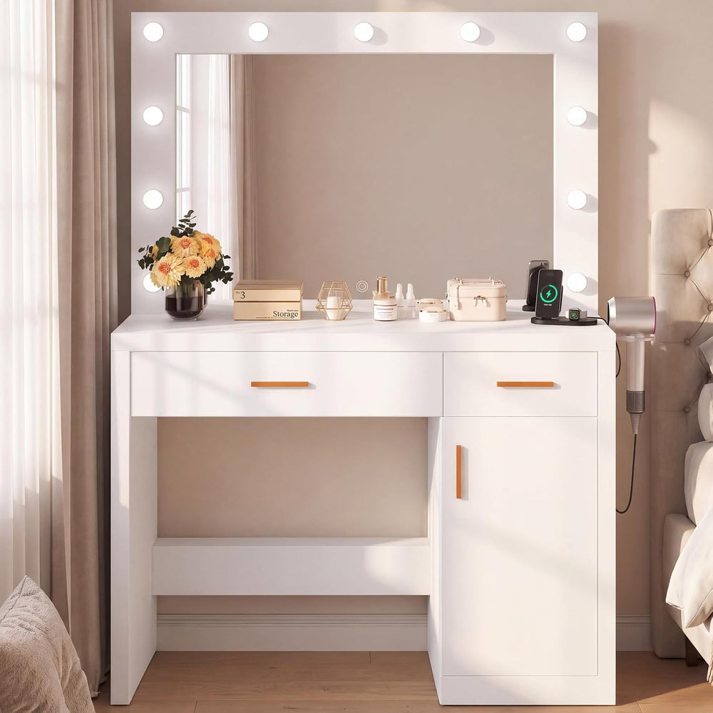 DUMOS Makeup Vanity Desk with Mirror and Lights, Charging Station | 11 LED Bu...