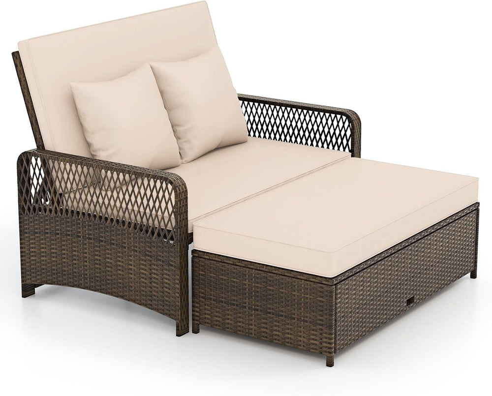 Tangkula Patio Rattan Daybed with 4-Level Adjustable Backrest, 2-Person Outdo...