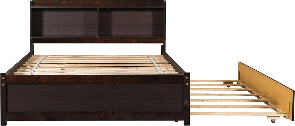 Bellemave Full Size Bed Frame with Trundle Bed and Bookcase, Espresso