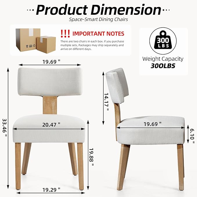 Dining Chairs, Fabric Upholstered Wood Kitchen Chairs Set of 6, Linen Curved ...