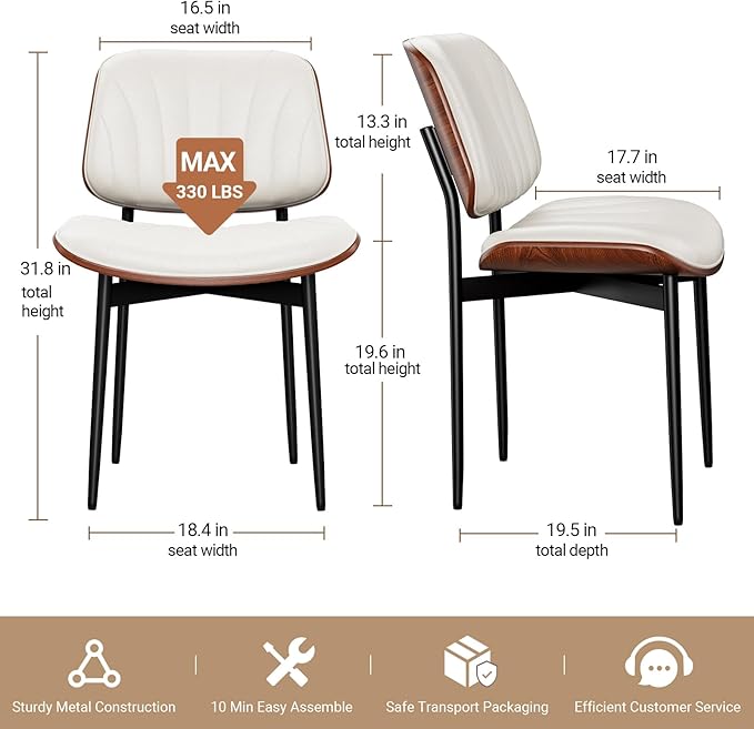 Dining Chairs Set of 6, Mid-Century Modern Upholstered PU Leather Chairs with...