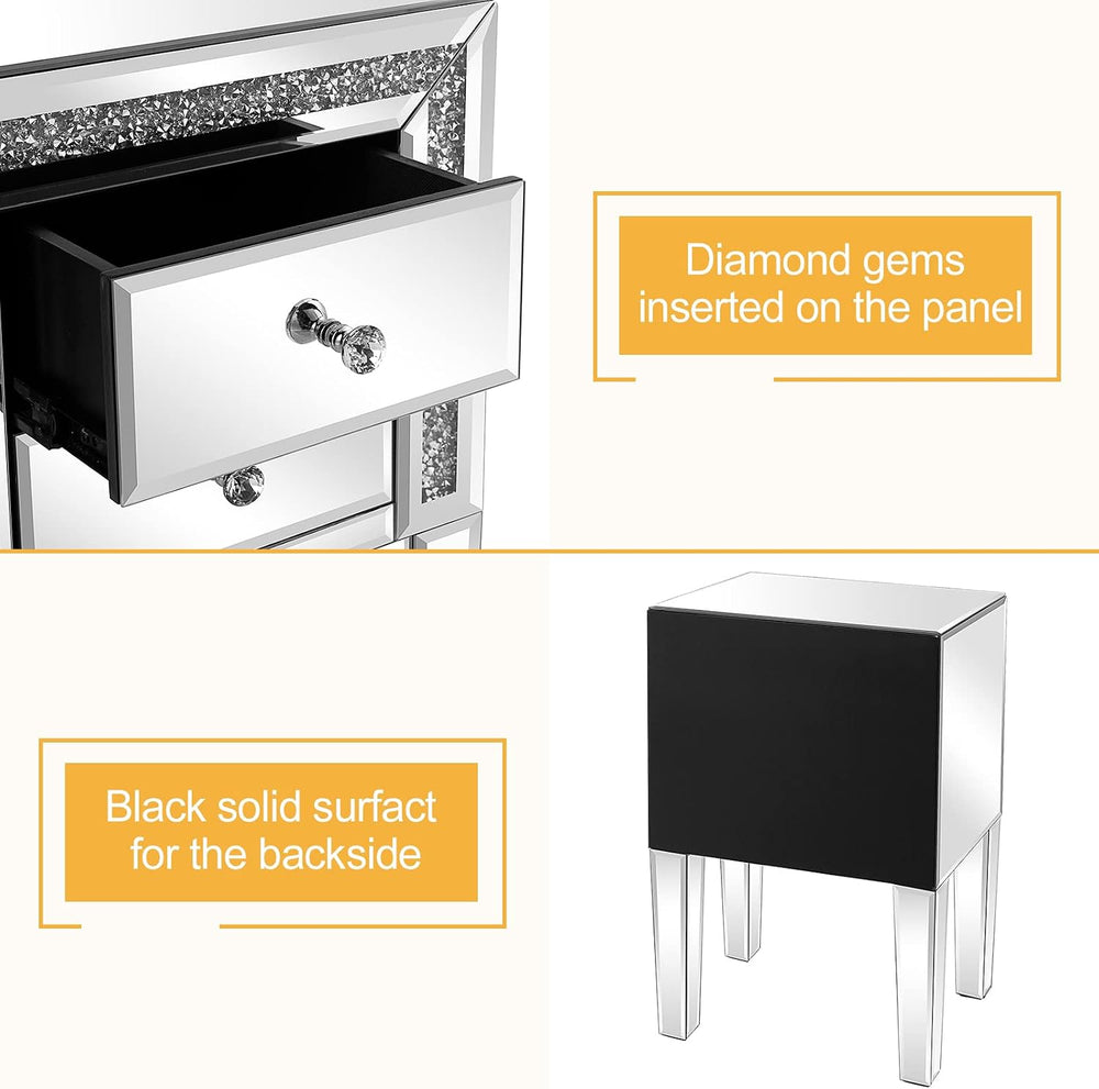 VINGLI Mirrored Nightstand Set of 2 Silver Glass Sofa/Couch Side Tables Bedro...