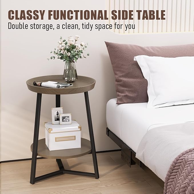 Gadroad Round End Table with Storage Shelf, 2 Tier Farmhouse Side Table Night...