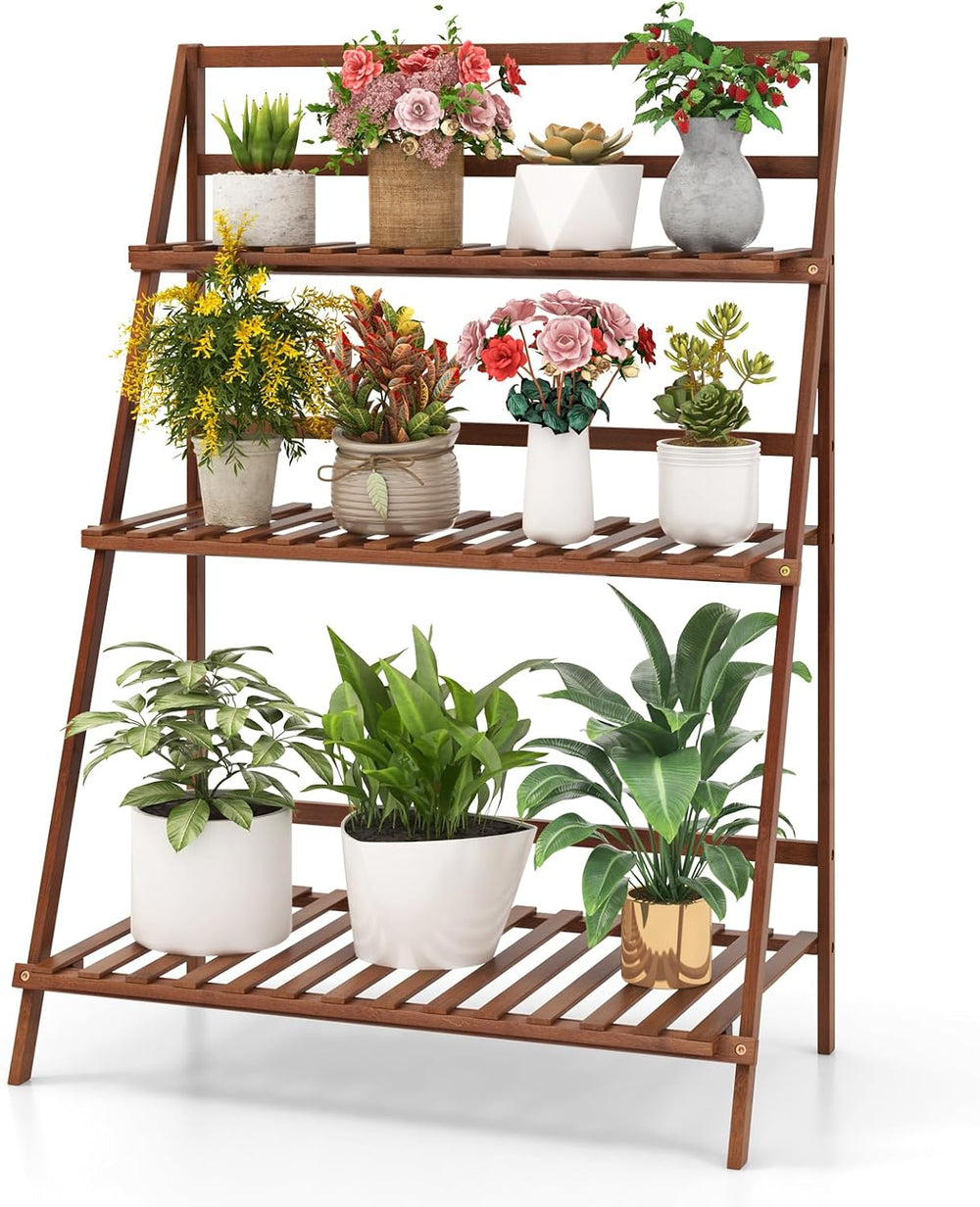 COSTWAY Bamboo Plant Stand, Foldable Multifunctional Flower Display Ladder Sh...