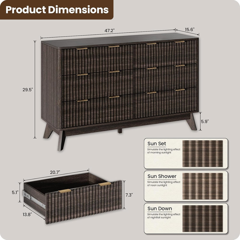 47" Wide Fluted 6 Drawers Dresser for Bedroom,Curved Edge,Walnut