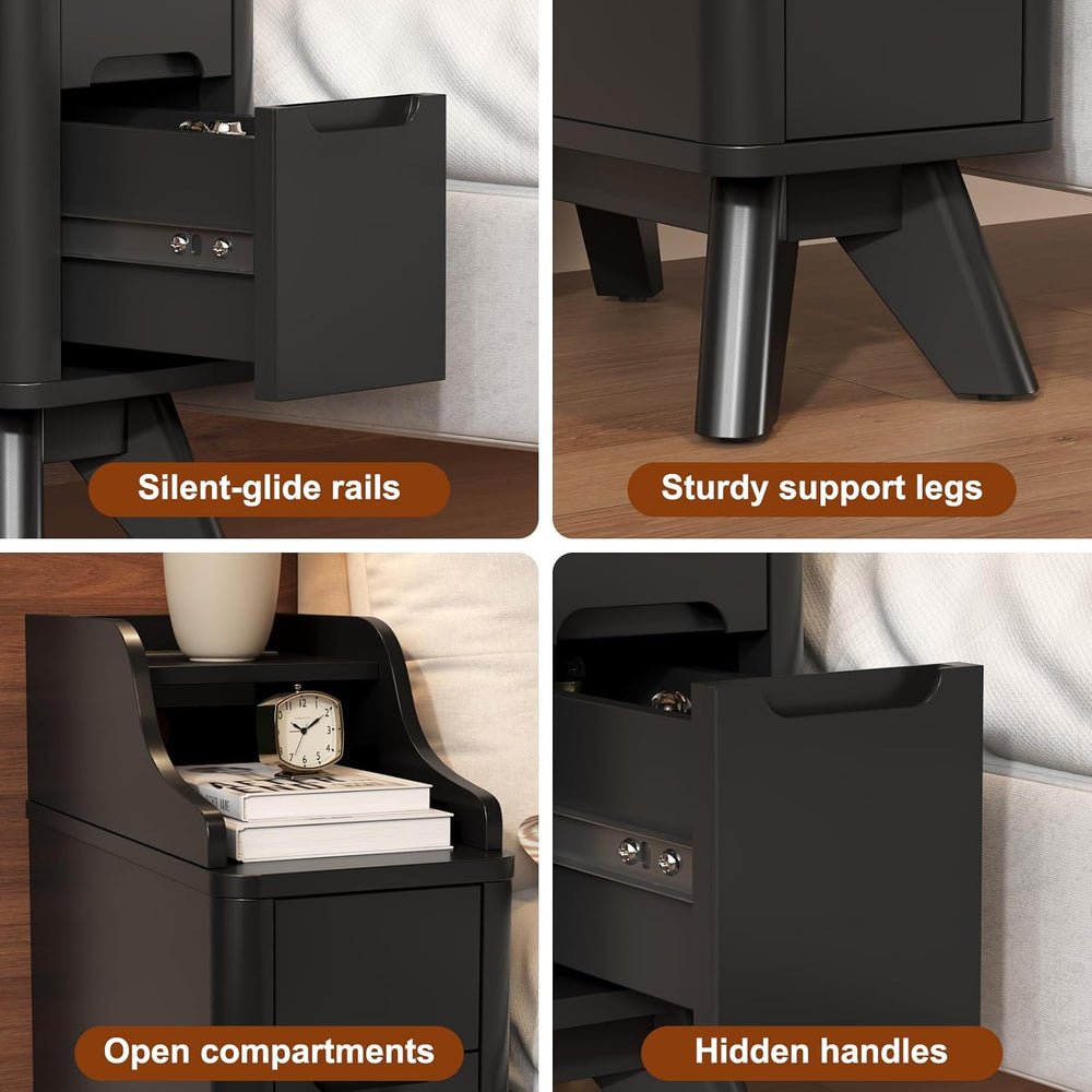 Narrow Nightstand with Drawers, Wood Night Stand with Charger Station, Narrow...