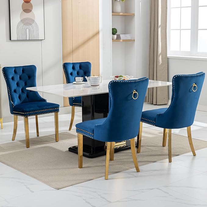 Blue Velvet Dining Chairs Set of 4, Dining Room Chairs Set of 4, Tufted Uphol...