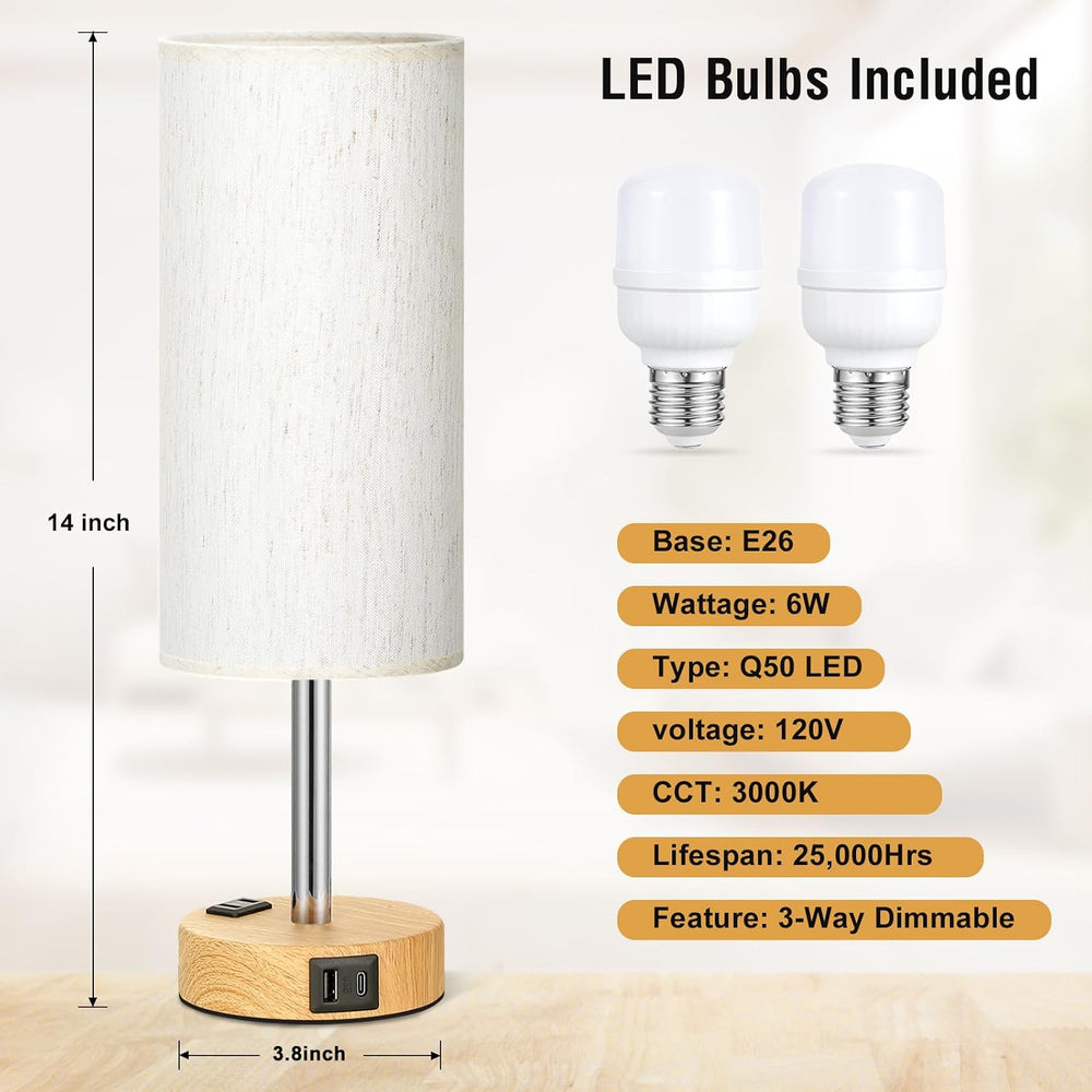 Bedside Table Lamp Set of 2 - Dimmable Touch, USB A+C, AC Outlet