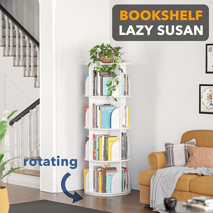 SpaceAid 4 Tier Rotating Bookshelf Tower, Spinning Bookcase Lazy Susan, Revol...