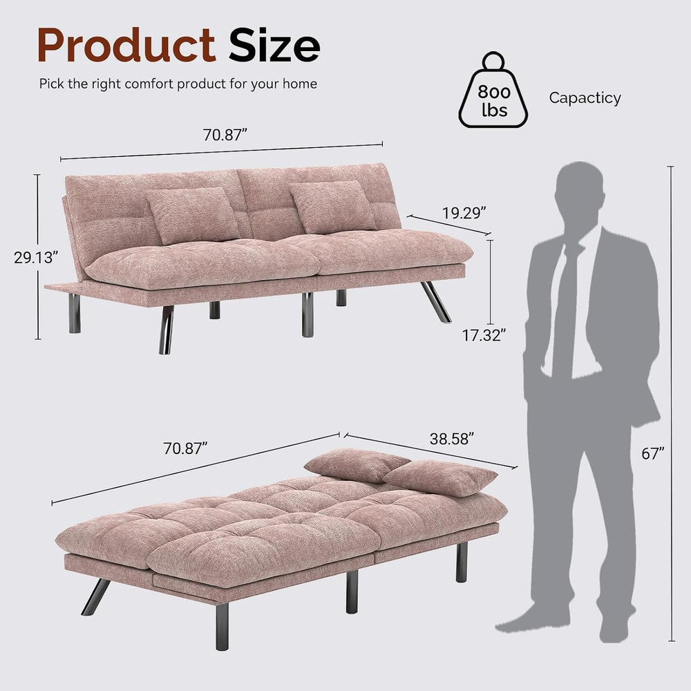 Convertible Futon Sofa Bed Chenille Fabric 70"(Pink)