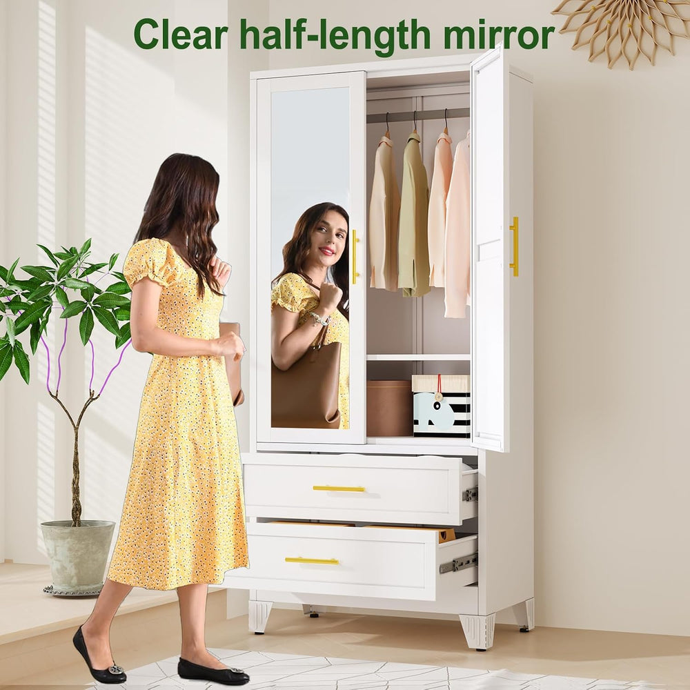 Metal Armoire Wardrobe, 71" Tall Bedroom Closet with Mirror and 2 Drawers
