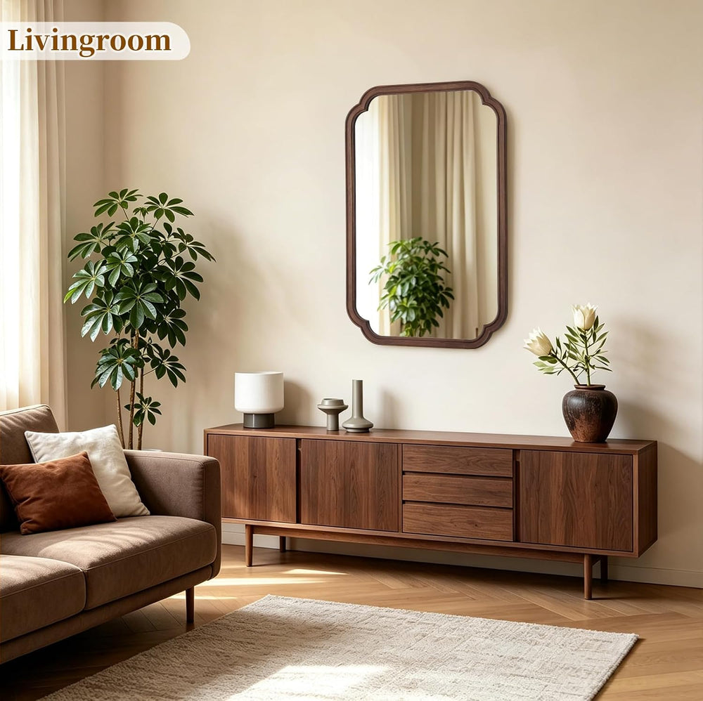 Wood Bathroom Mirror for Wall Decor Arched Rounded Corner Rustic Wood Frame W...