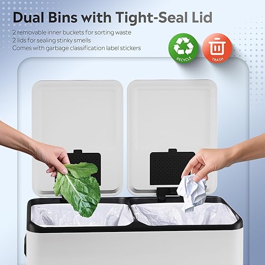 WLIVE 2 x 8 Gallon Stainless Steel Dual Trash Can, Double Trash Can Kitchen