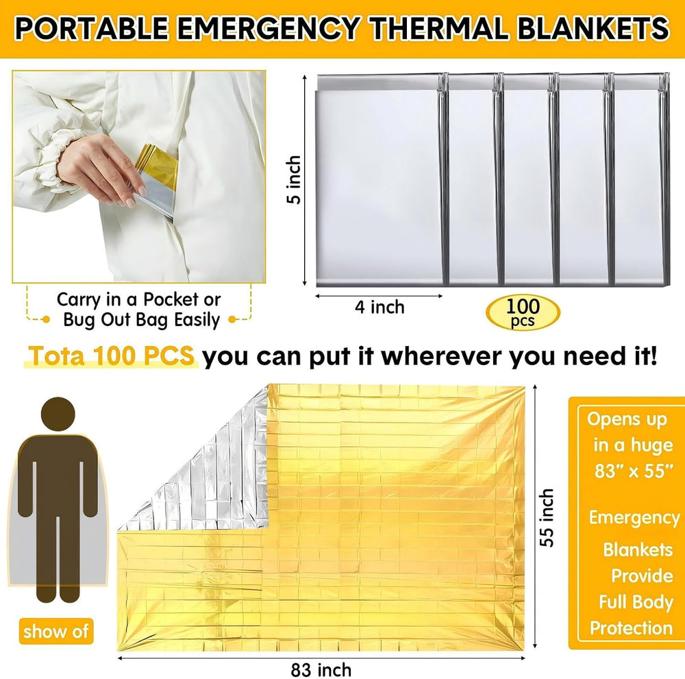 Copkim 100 Pcs 83 x 55 Emergency Foil Blankets for Survival, Gold Silver
