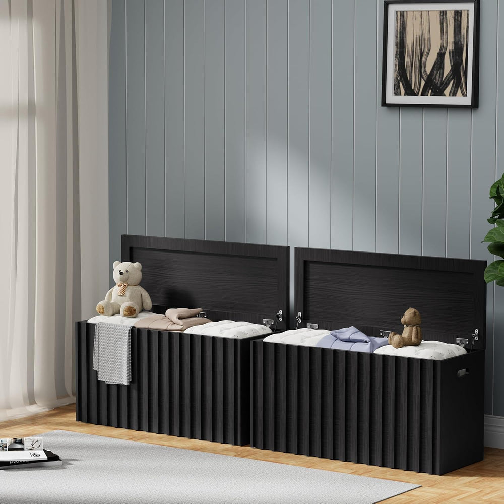 UEV Black Storage Bench Set of 2, 39.4" Fluted Wood Storage Trunk with 2...