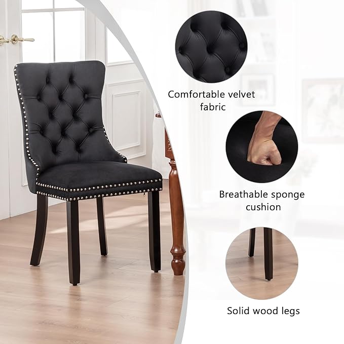 Velvet Dining Chairs Set of 4,Upholstered Dining Chairs with Ring Pull Trim a...