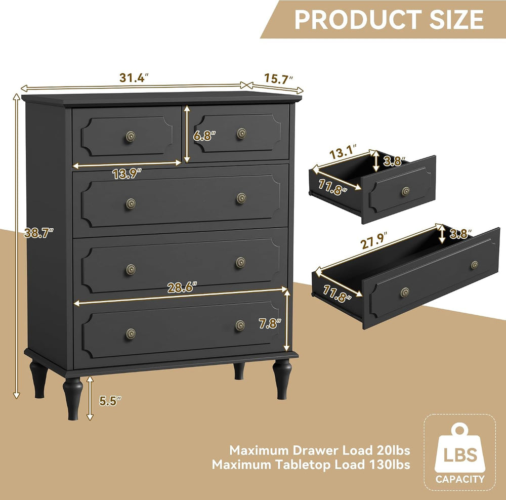 Black Dresser with 5 Drawers, Vintage Tall Dresser for Bedroom