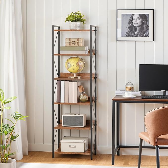 HOOBRO Bookshelf, 6-Tier Industrial Bookcase, Book Shelf Storage Organizer, T...