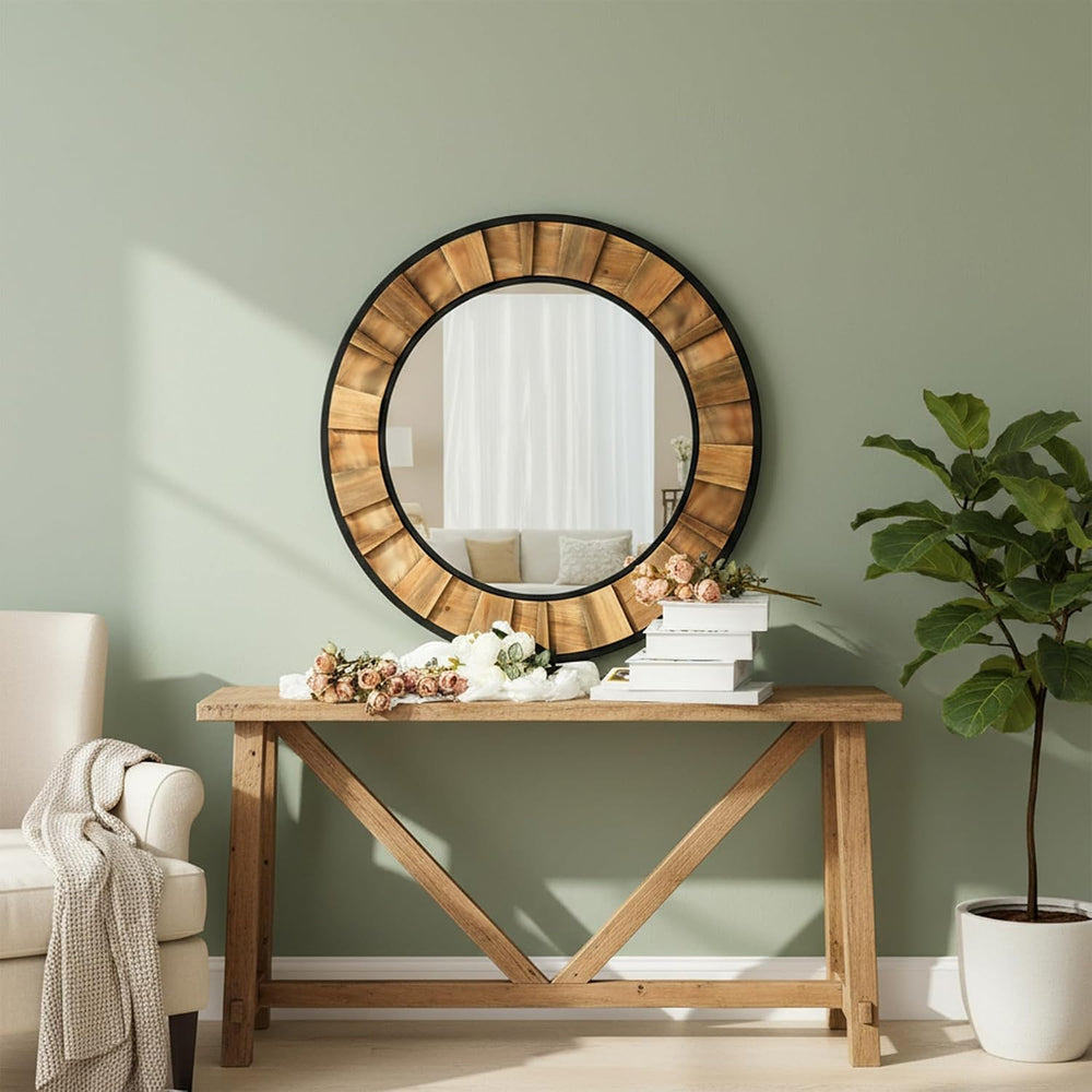 ZIYOO Round Wood Mirror 30", Metal & Wooden Frame Decorative Wall Mi...
