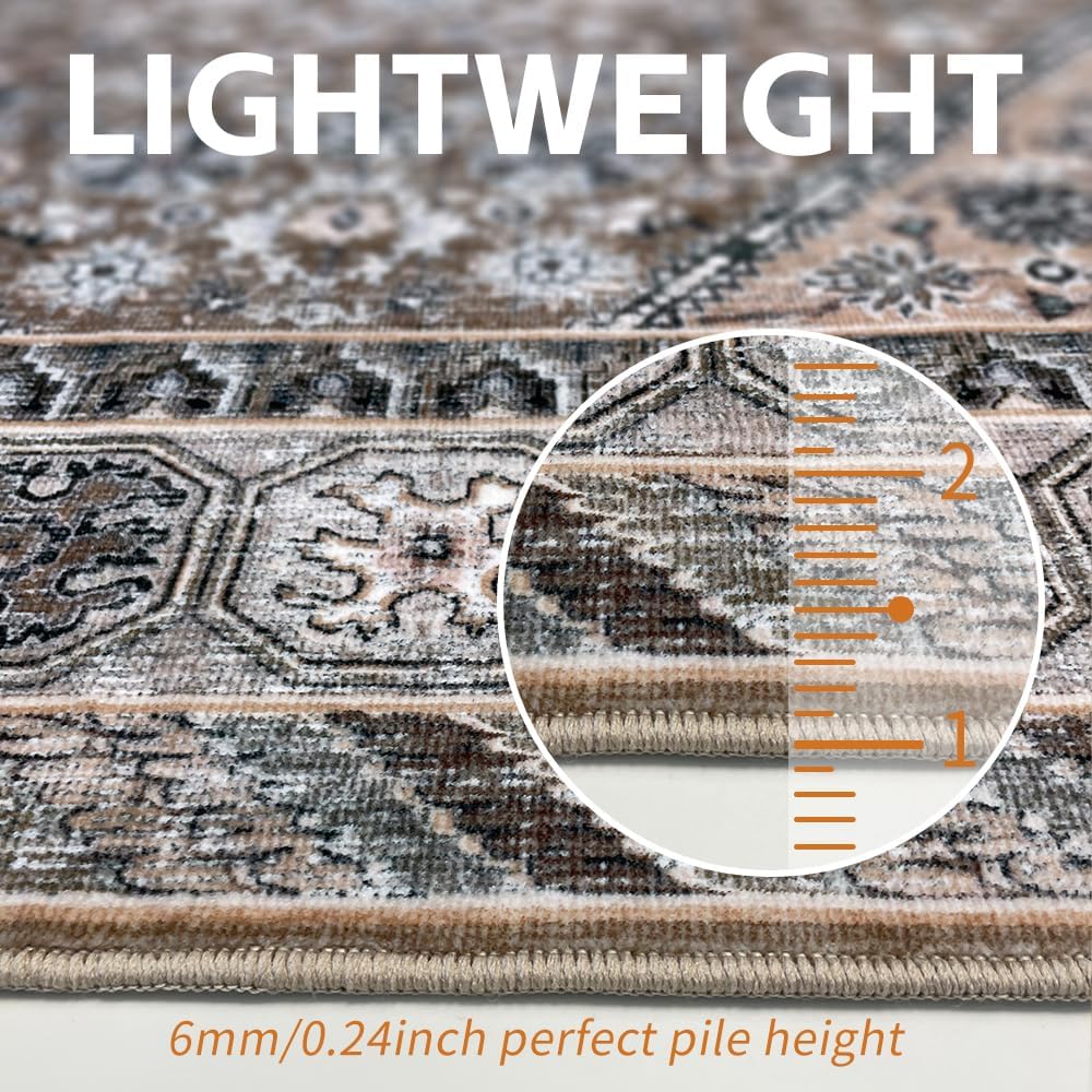 6x9 Beige Brown Washable Area Rug for Living Room, Vintage Print