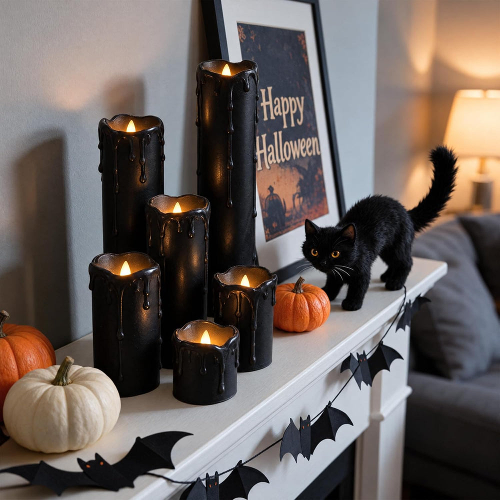 6 Pack LED Flickering Flameless Black Melting Drip Pillar Candles with Timer,...