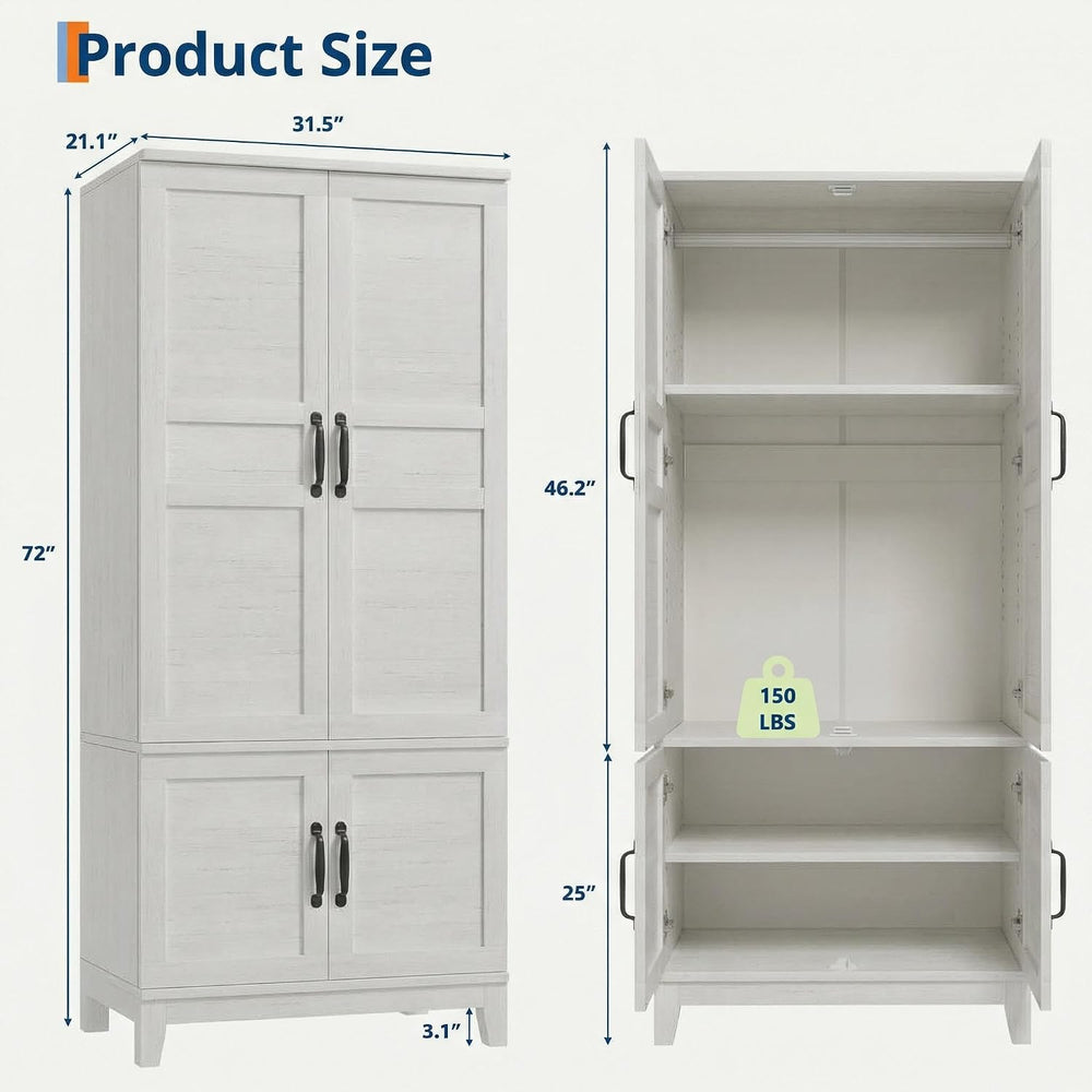 IDEALHOUSE Armoire Wardrobe Closet with 4 Doors, 72" Tall Wooden Clothin...