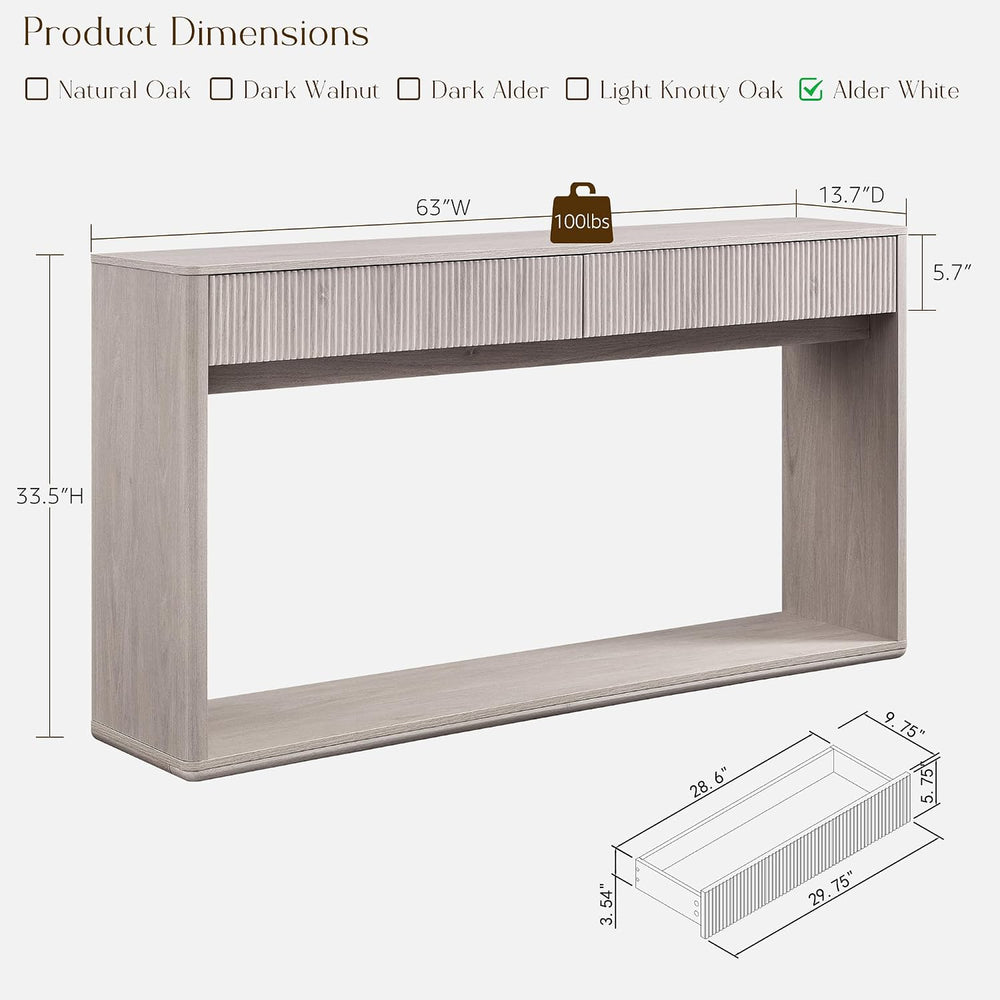 OKD 63" Fluted Console Table for Entryway with 2 Large Drawers, Alder White