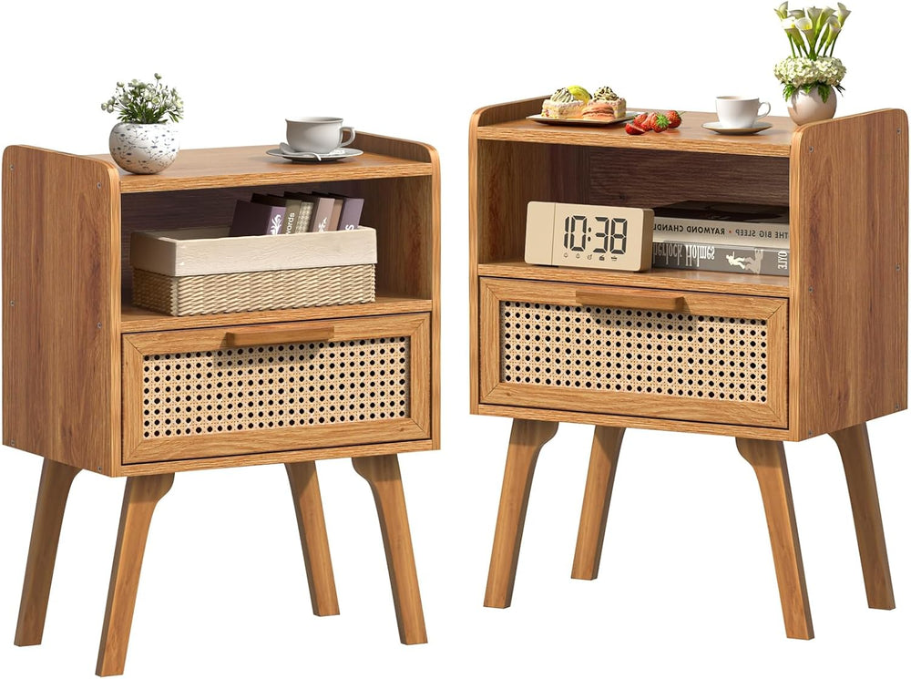 Lerliuo Rattan Nightstands Set of 2, Side Table with Drawer, Cane Accent Beds...
