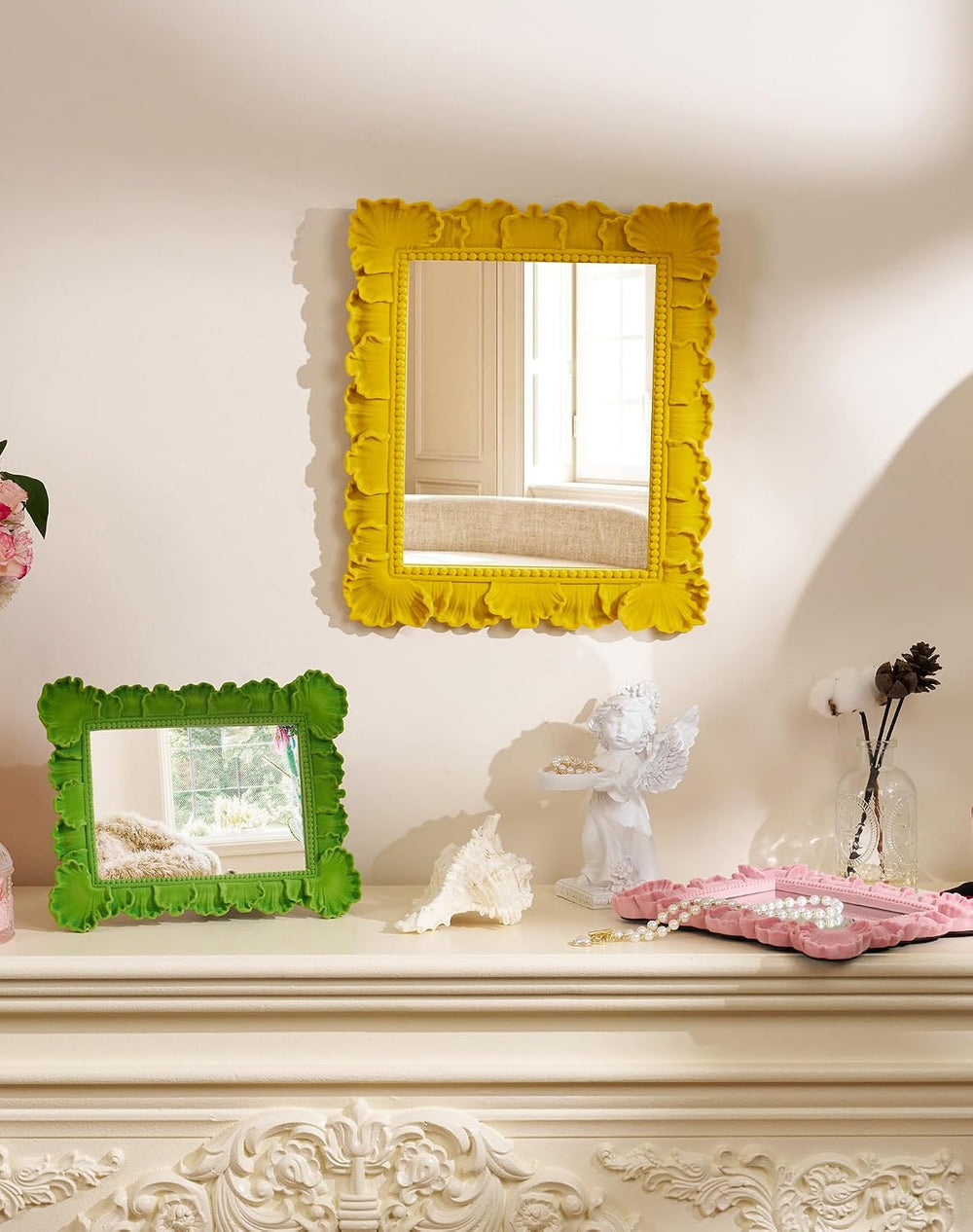 Mirror Wall Decor with Resin Frame for Room Makeover,Yellow-Orange
