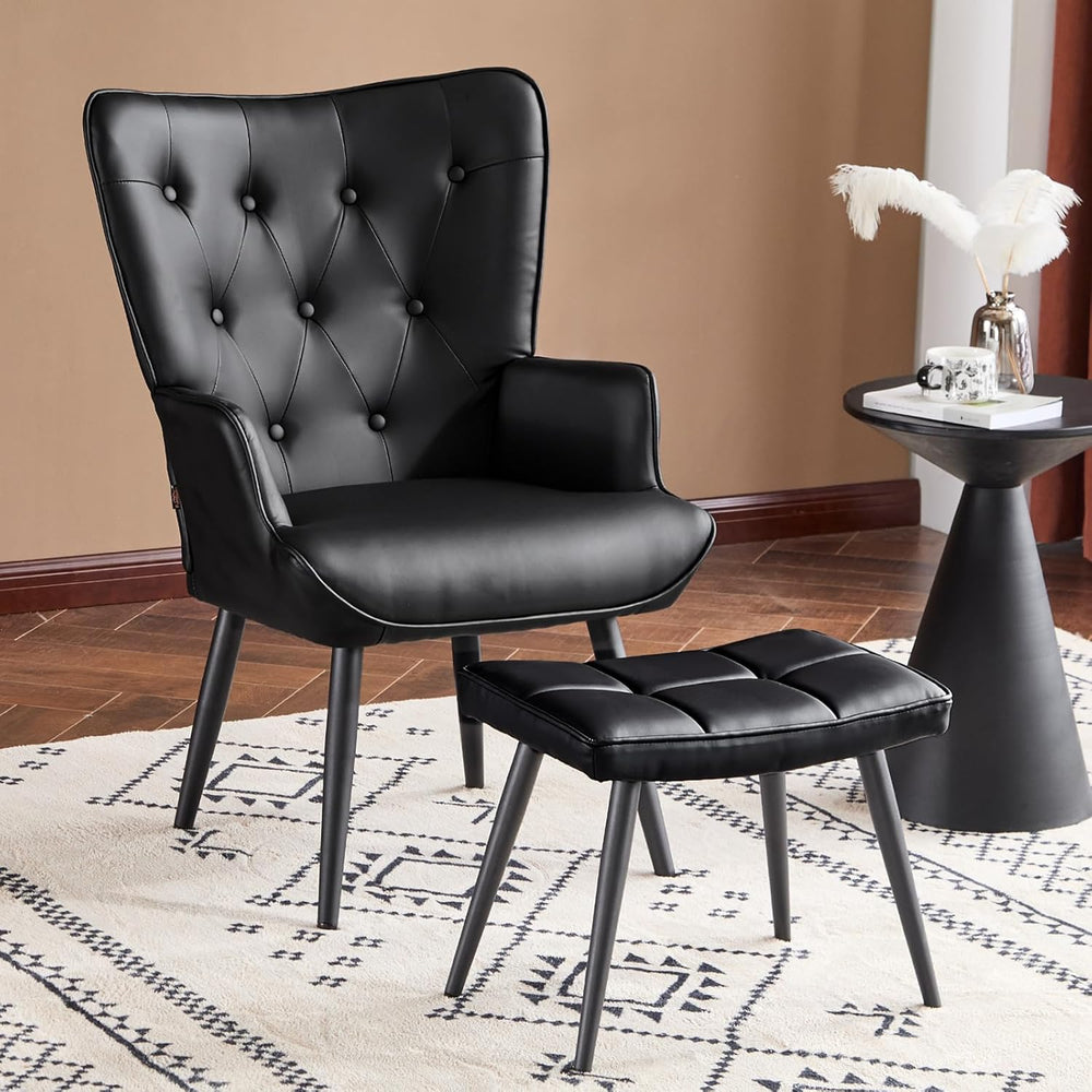 Furniliving PU Leather Accent Chair with Ottoman, Upholstered Reading Chair w...