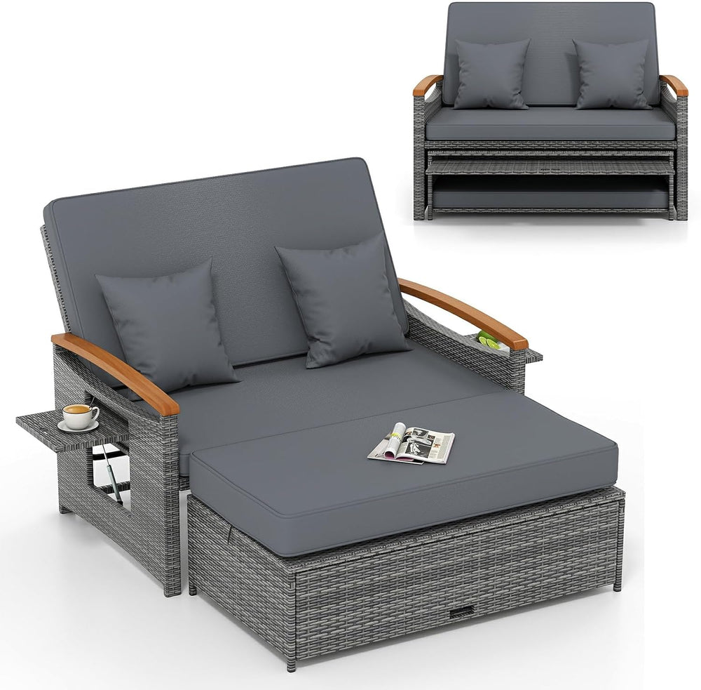 LDAILY Moccha Outdoor Wicker Daybed, Patio Rattan Loveseat Sofa w/ 4-Level Ad...
