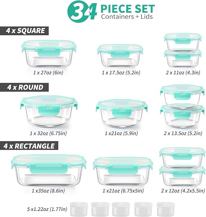 34pcs Glass Food Storage Containers
