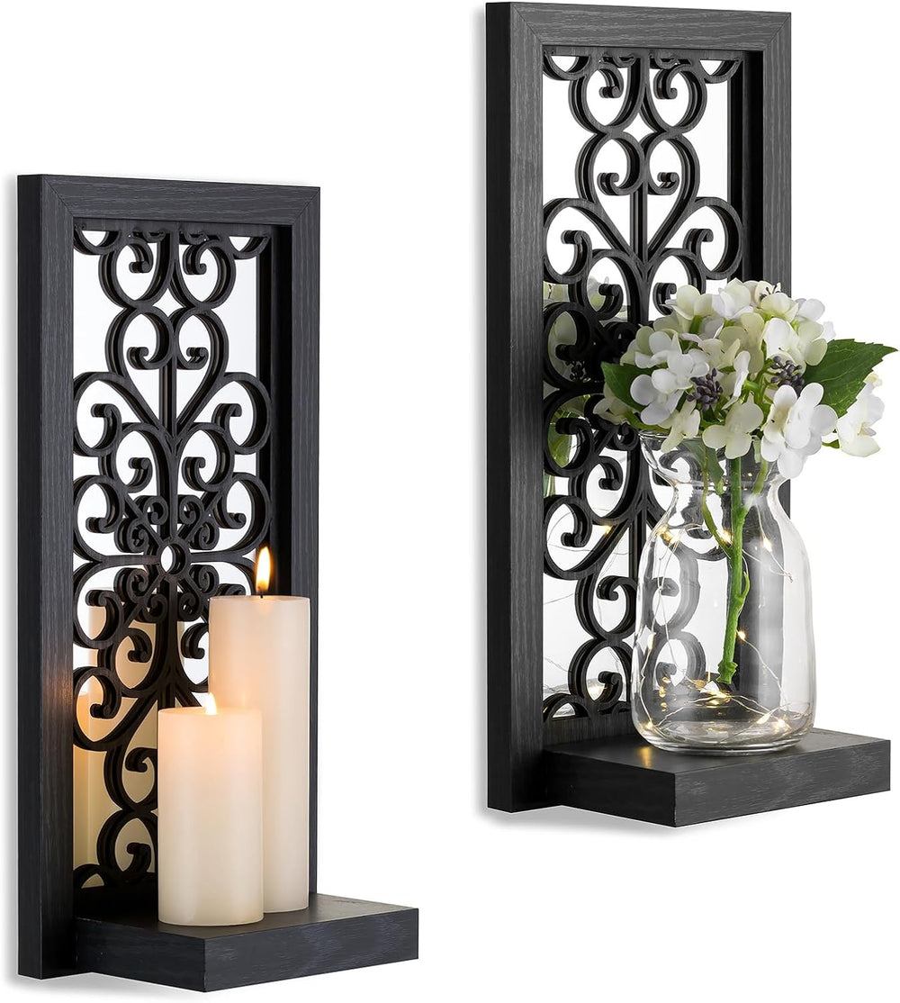 Black Gothic Wall Candle Sconces Set of 2 with Real Glass Mirror