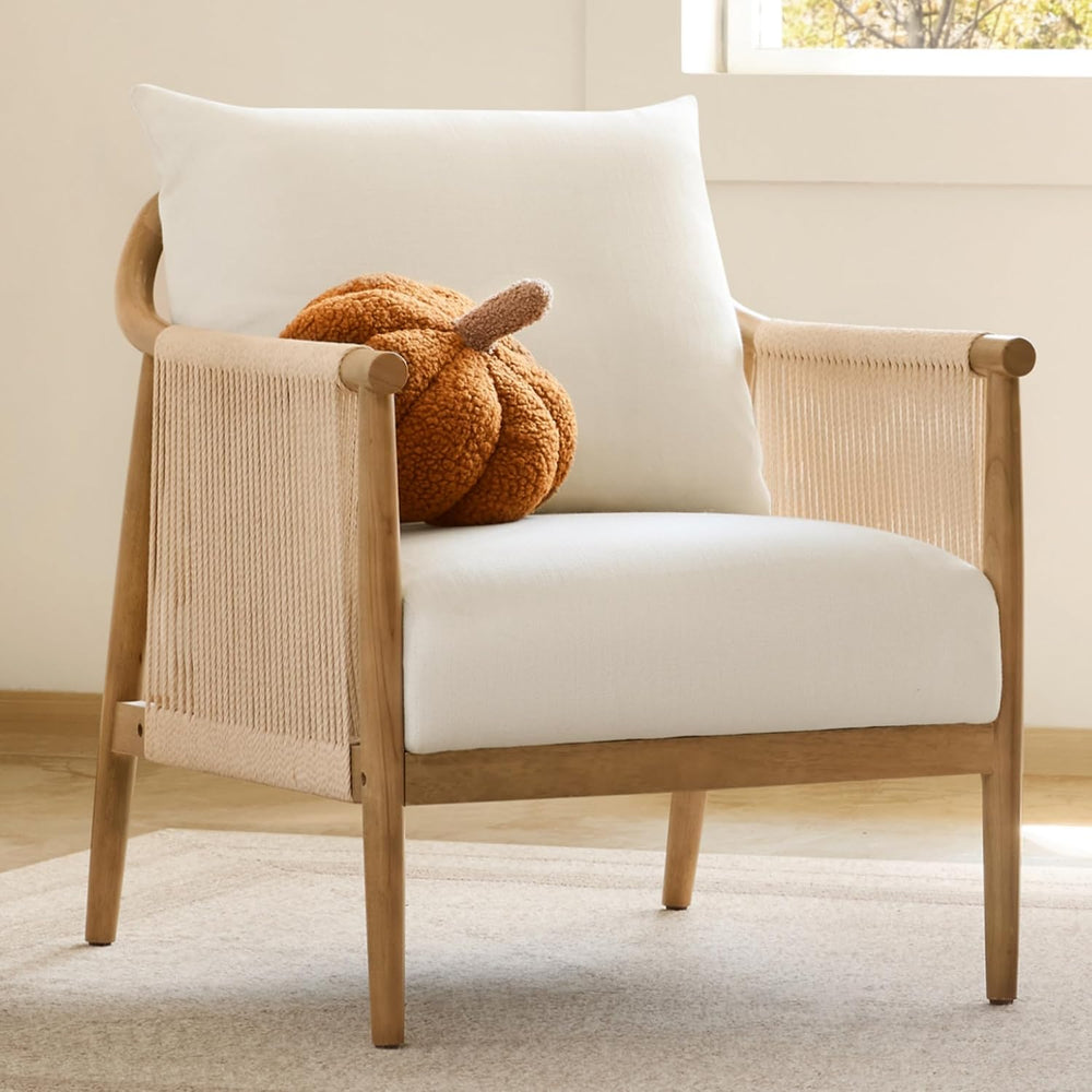 CHITA Braid Accent Chair with Wood Frame and Paper Cord Armrest, Cream