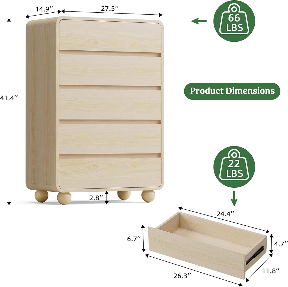 5 Drawer Dresser for Bedroom, 41" Tall Chest of Drawers, Natural
