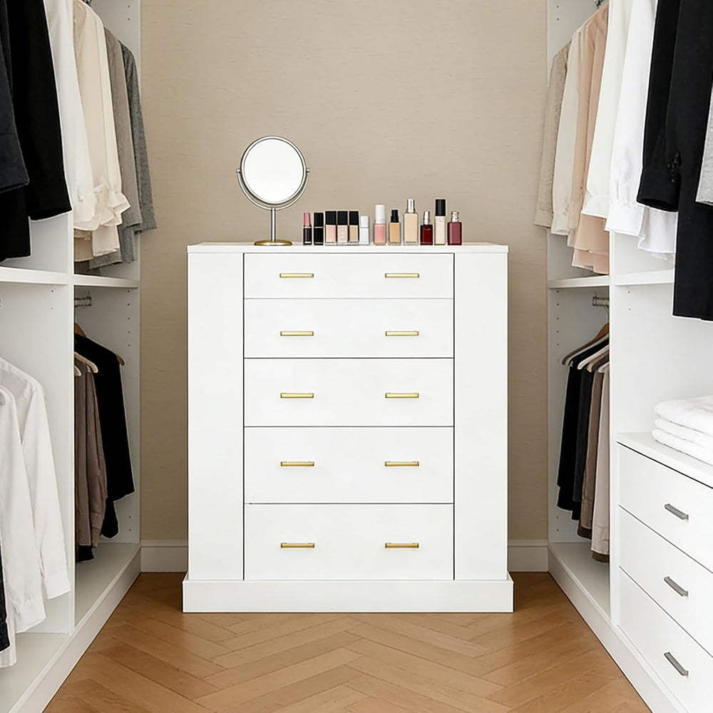 Closet Island with Glass Top, LED Lights and Open Shelves, White