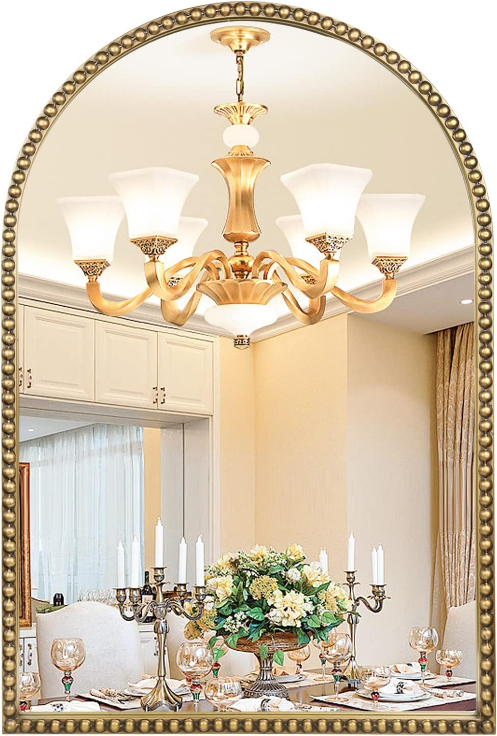 Arched Wall Mirror for Bathroom - 24"x36" Metal Beaded Frame Decora...
