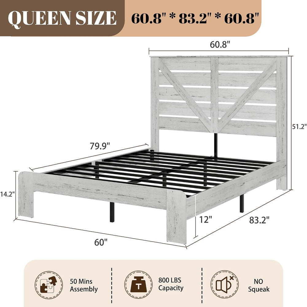 Queen Farmhouse Bed Frame with Headboard, LED Lights, USB Charging