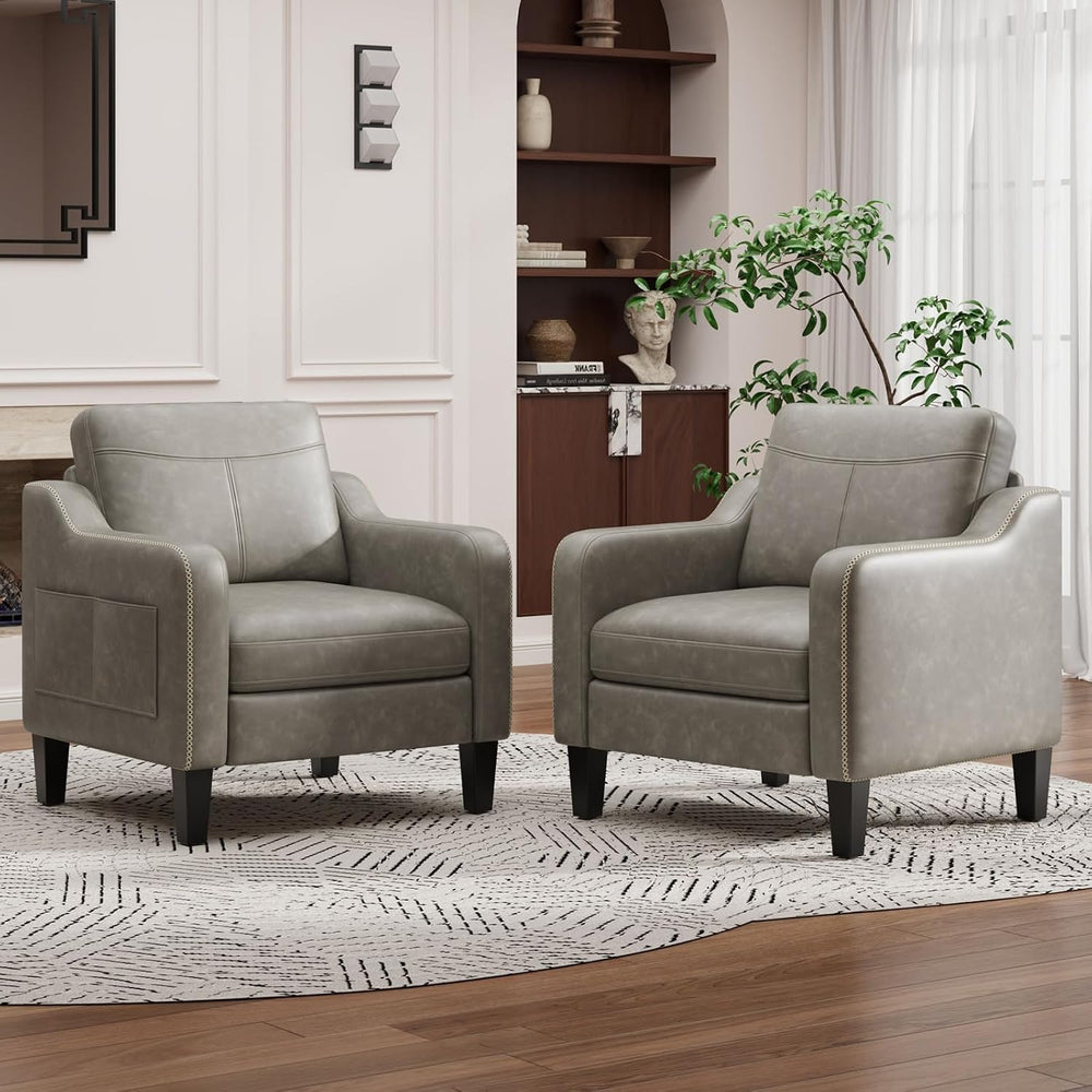 MALOL PU Leather Accent Chair Set of 2 with Solid Wood Frame, Grey