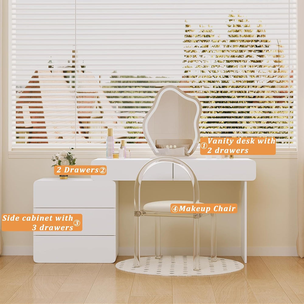 White Vanity Makeup Desk with Mirror and Lights, Vanity Desk with Acrylic Cha...
