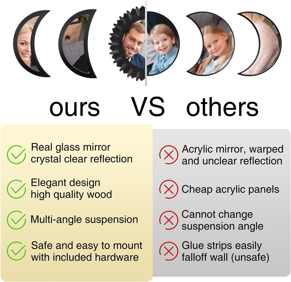 WAKOSAN Moon Phase Wall Mirror Set, 5PCS Wooden and Real Glass Mirrors