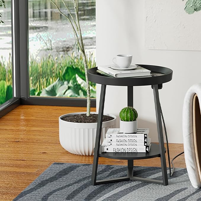 Gadroad Round End Table with Charging Station, USB Ports and Anti-Drop Fence,...