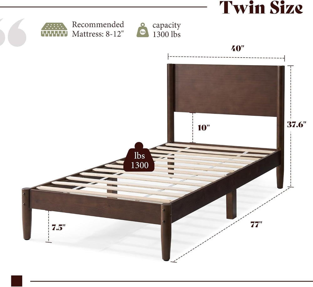 AMERLIFE Solid Wood Twin Bed Frame, Mid Century Bed with Headboard, Walnut