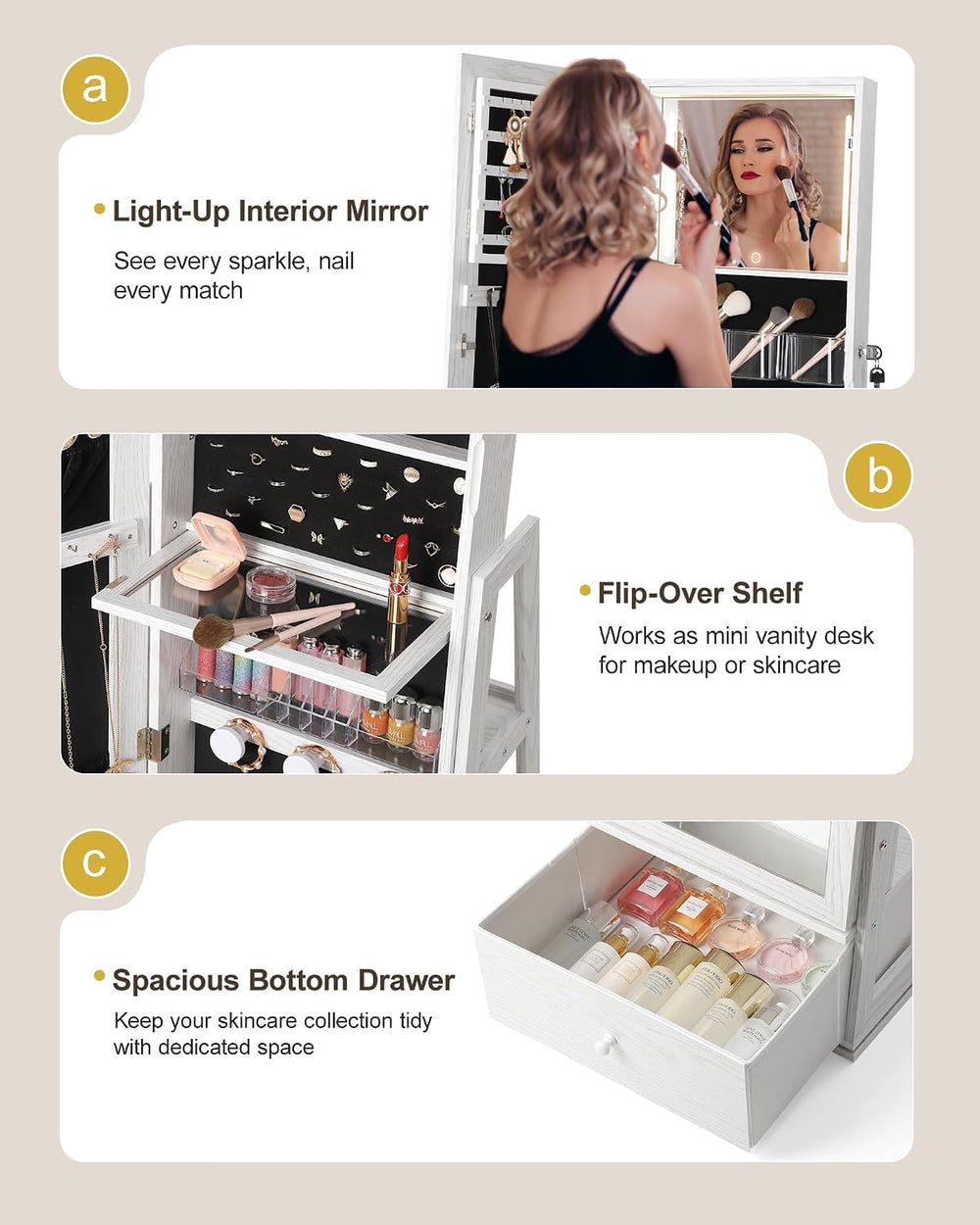 Nicetree 360° Swivel Jewelry Cabinet with Lights, Full Length Mirror, Lock