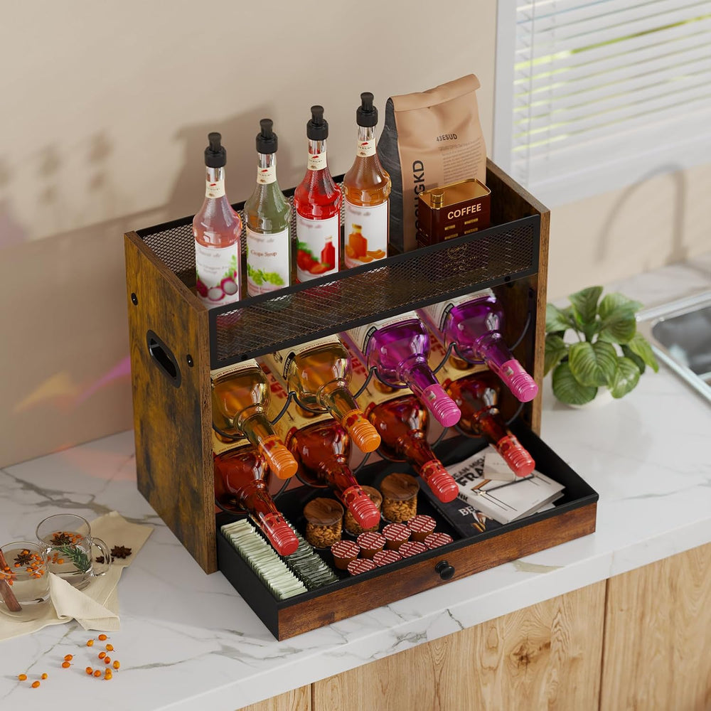 3-Tier Countertop Wine Rack, Coffee Syrup Rack Organizer With Drawer for Coff...