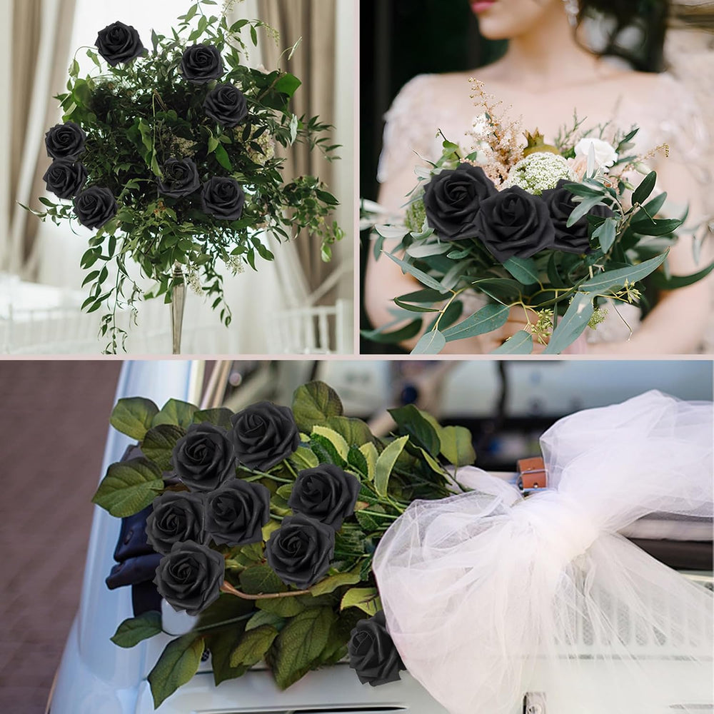 100PCS Black Realistic Roses - Artificial Latex Foam Flowers with Bendable St...