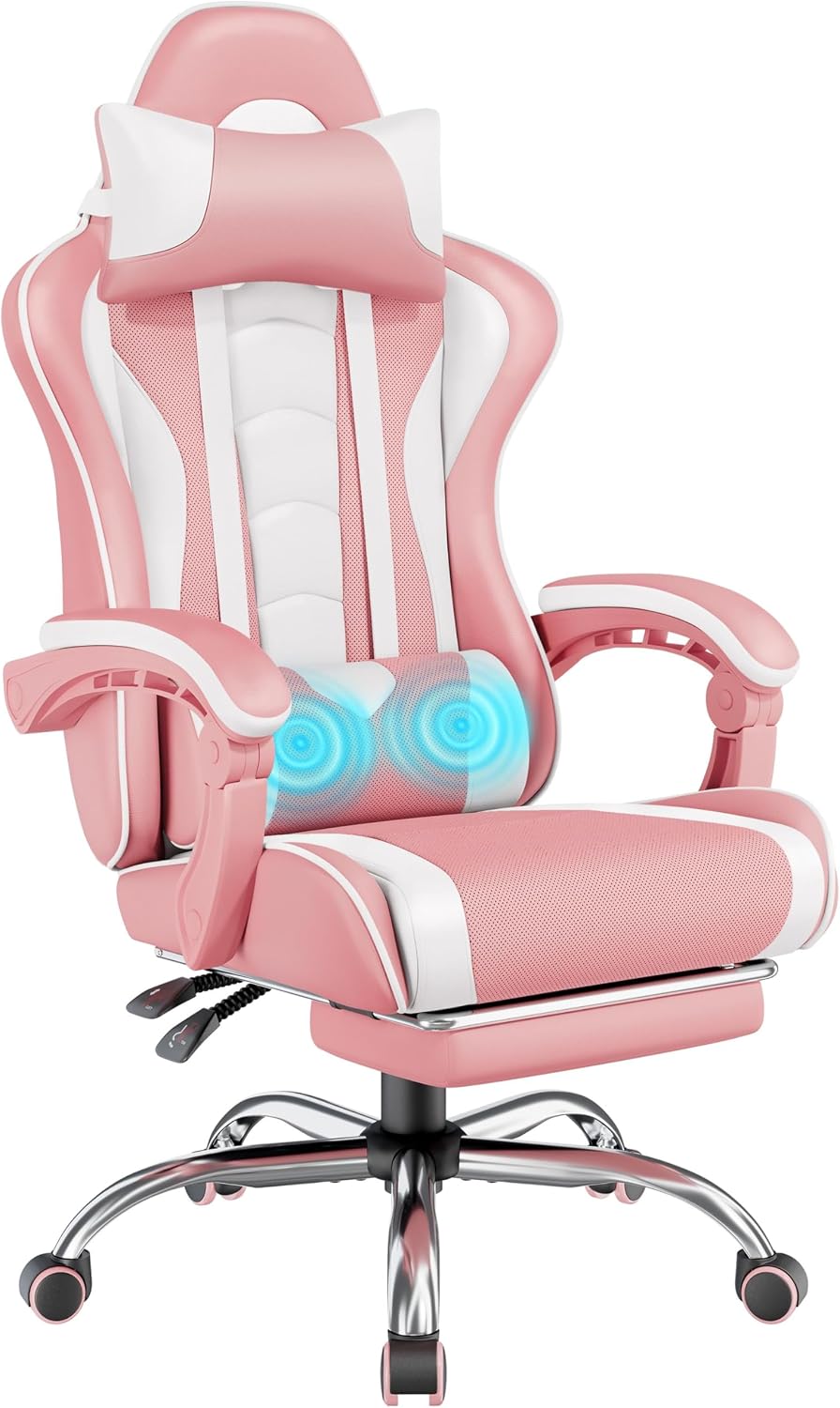 Yaheetech Gaming Chair with Footrest Massage Lumbar Pillow Pink and White