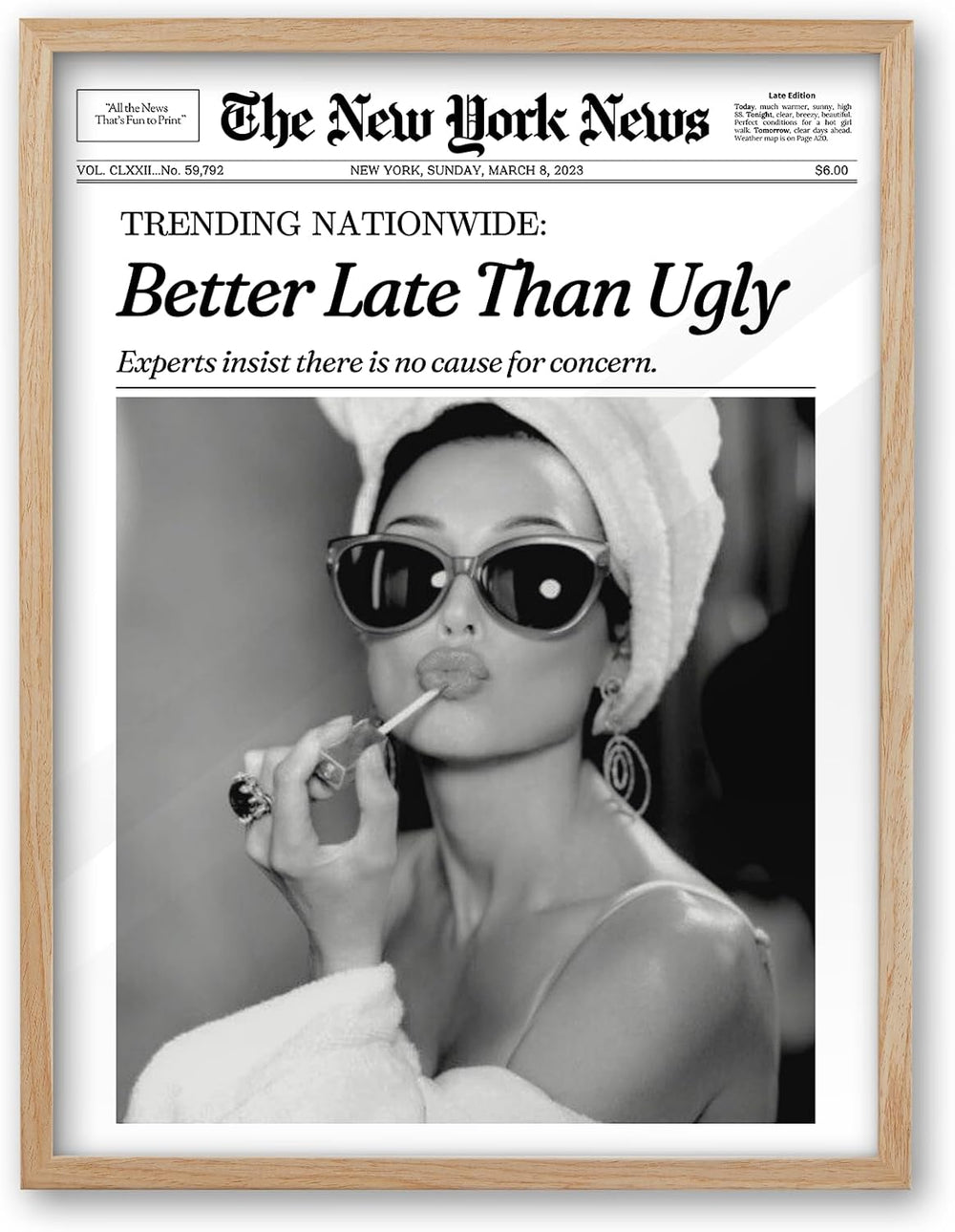iHery 12x16in Audrey Hepburn Better Late Than Ugly Framed Bathroom Art