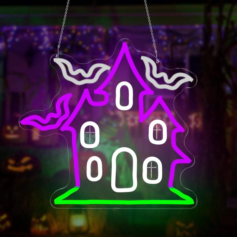 Haunted House with Flying Bat Halloween Neon Sign Dimmable Led Wall Decor